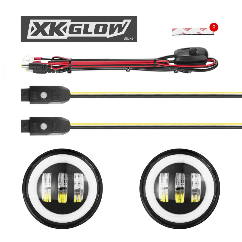 XK Glow 4In JL Black RGB LED Jeep Wrangler Fog Light XKchrome Bluetooth App Controlled Kit