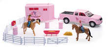 Load image into Gallery viewer, New Ray Toys Valley Ranch Set with Pink Pickup Truck and Short Horse Trailer Set