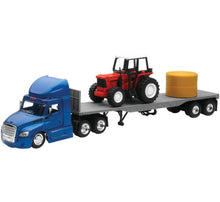 Load image into Gallery viewer, New Ray Toys Freightliner Cascadia Flatbed with Farm Tractor and Round Hay Bale/ Scale - 1:43