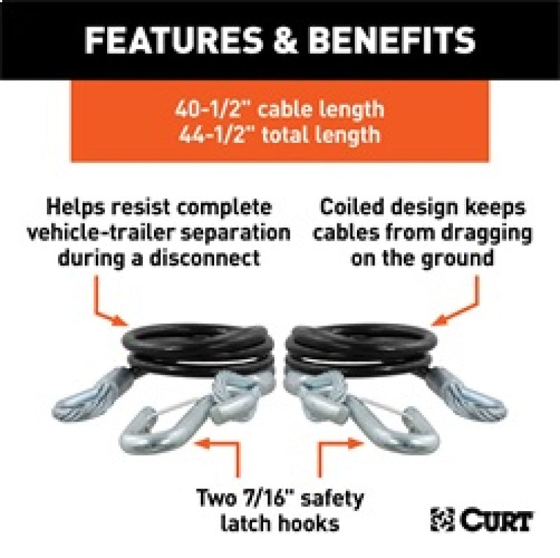 RockJock Curt Towing Safety Cable Kit 44 1/2in Long w/ 2 Snap Hooks 5000lbs 2-Pack