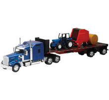 Load image into Gallery viewer, New Ray Toys Kenworth W900 with Flatbed, Tractor and Round Haybales/ Scale - 1:32