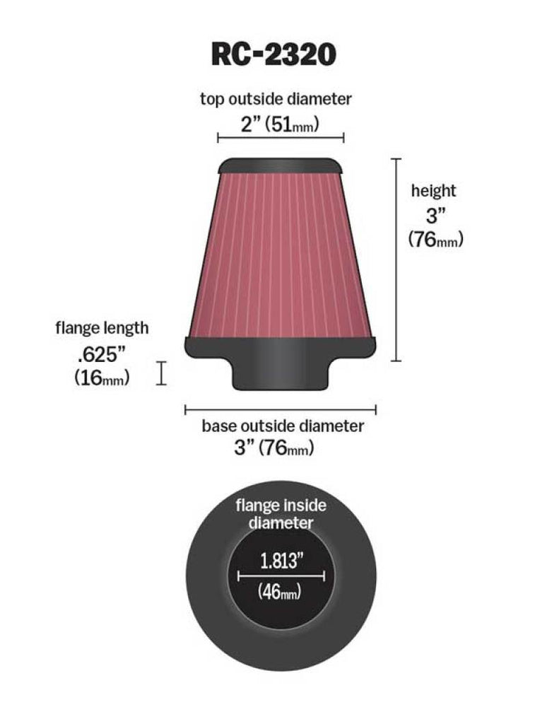 Universal Air Filter 1-13/16in FLG / 3in Bottom / 2in Top / 3in Height