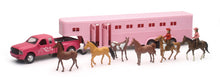 Load image into Gallery viewer, New Ray Toys Pink Pickup Fifth Wheel Horse Trailer Set/ Scale - 1:32