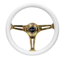 Load image into Gallery viewer, NRG Classic Wood Grain Steering Wheel (350mm) White Grip w/Chrome Gold 3-Spoke Center